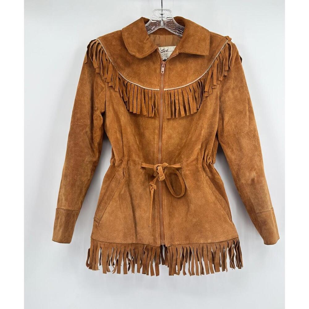 Jet Set of California Brown Suede Fringe Jacket 8 Full Zip Drawstring Waist